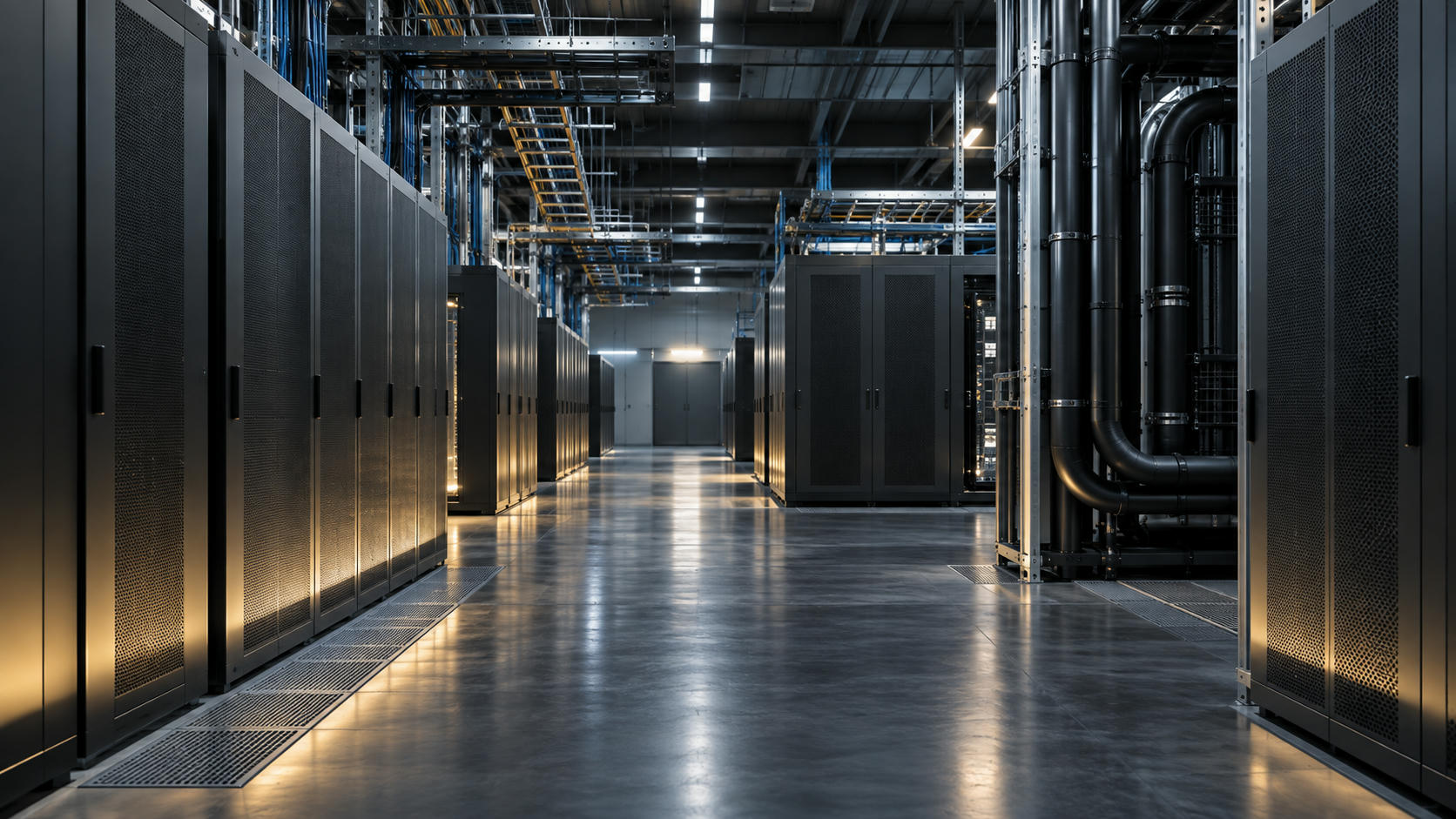 Synthetic editorial illustration. Unbranded high-density computing facility with cooling infrastructure for digital-assets news.