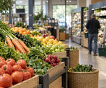 Synthetic editorial illustration. Unbranded neighbourhood grocery with fresh produce and distant shoppers for consumer-spending and retail news.