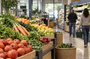 Synthetic editorial illustration. Unbranded neighbourhood grocery with fresh produce and distant shoppers for consumer-spending and retail news.
