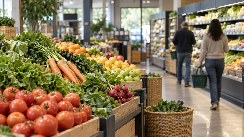 Synthetic editorial illustration. Unbranded neighbourhood grocery with fresh produce and distant shoppers for consumer-spending and retail news.