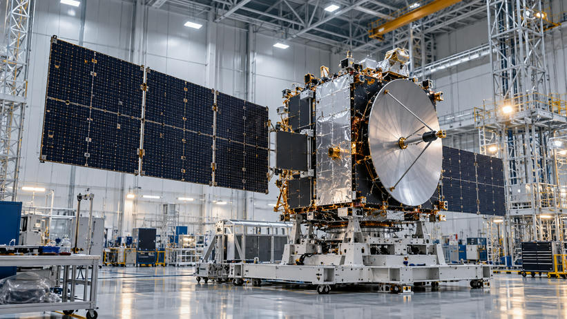 Synthetic editorial illustration. Unbranded communications satellite being assembled in a high-bay aerospace integration facility.