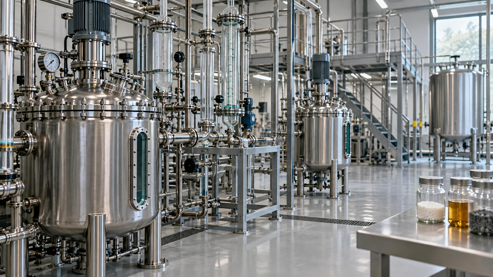 Synthetic editorial illustration. Unbranded stainless process vessels and glass pipework in a specialty-chemicals pilot plant.