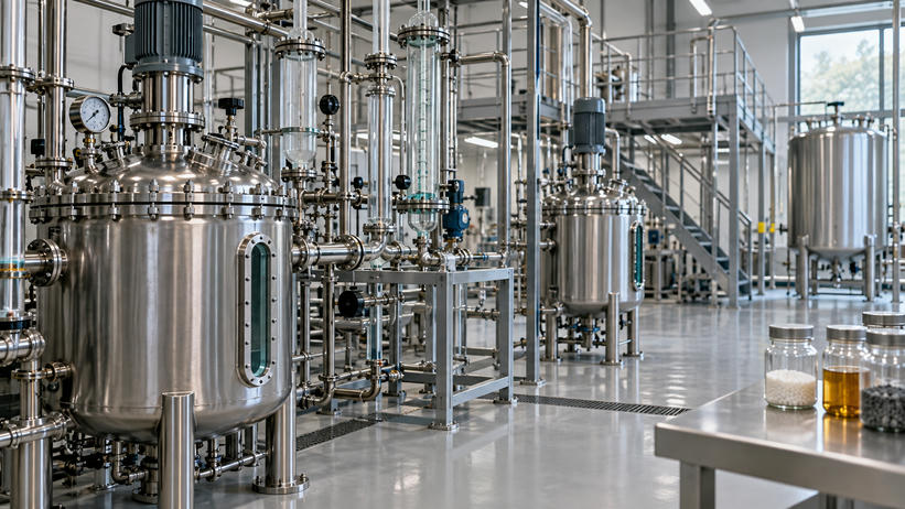 Synthetic editorial illustration. Unbranded stainless process vessels and glass pipework in a specialty-chemicals pilot plant.