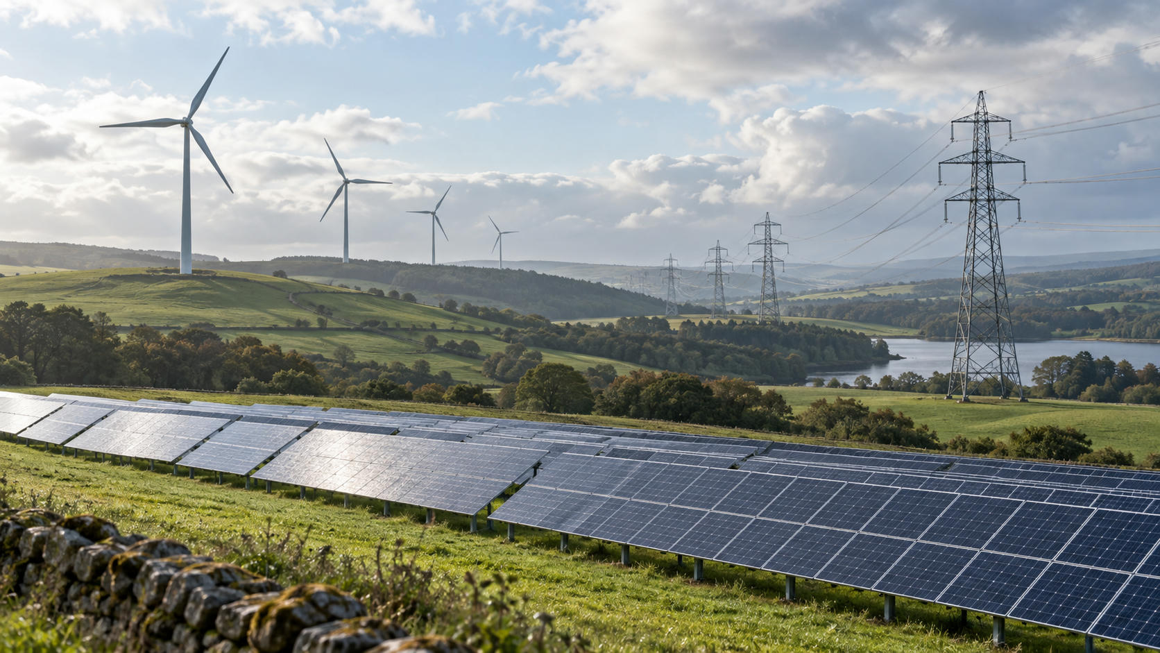 Synthetic editorial illustration. Wind turbines, solar panels and transmission infrastructure across a green landscape for climate-finance and renewable-energy news.