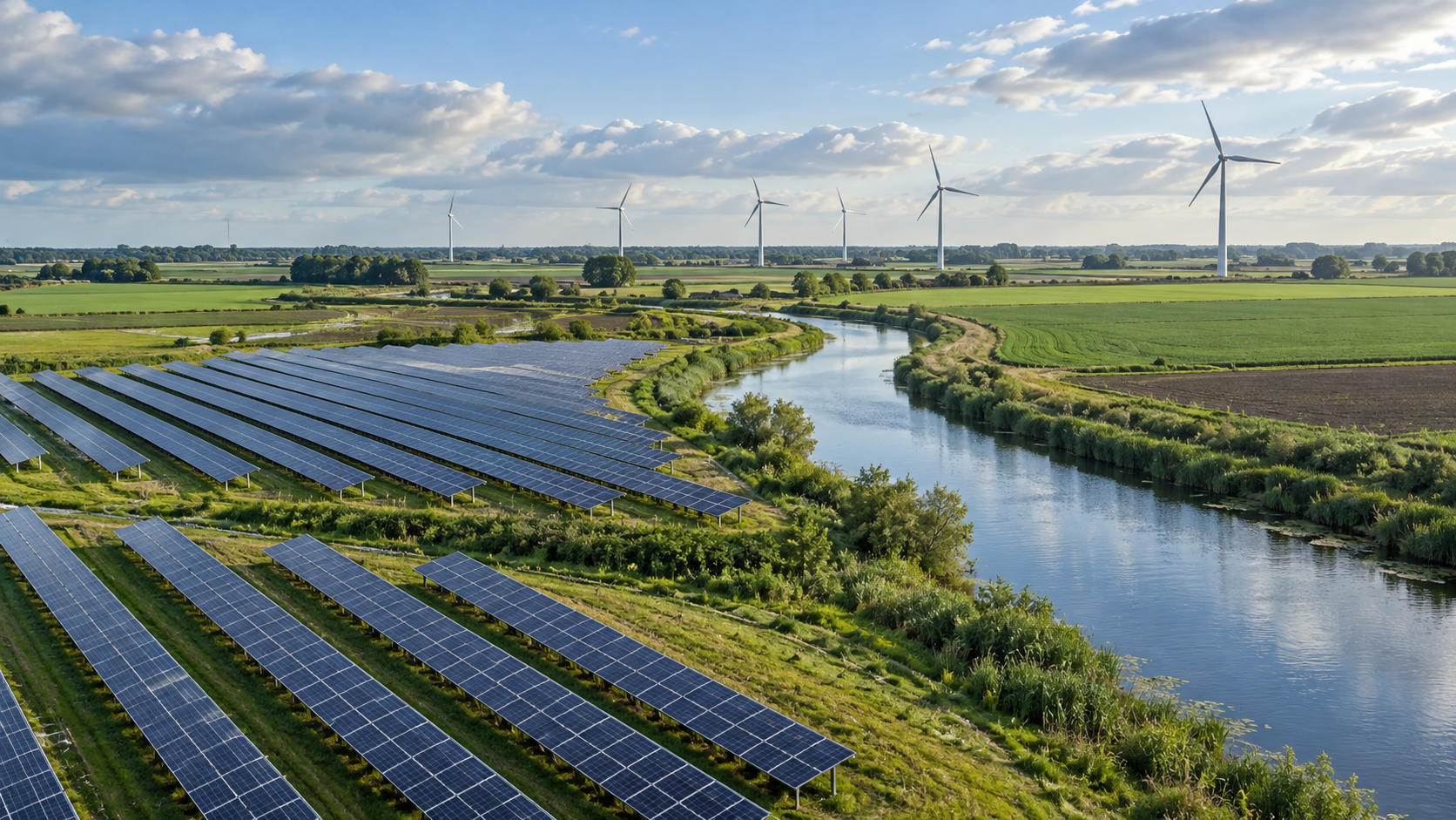 Synthetic editorial illustration. Solar panels and distant wind turbines beside a curving waterway in a lowland agricultural landscape.