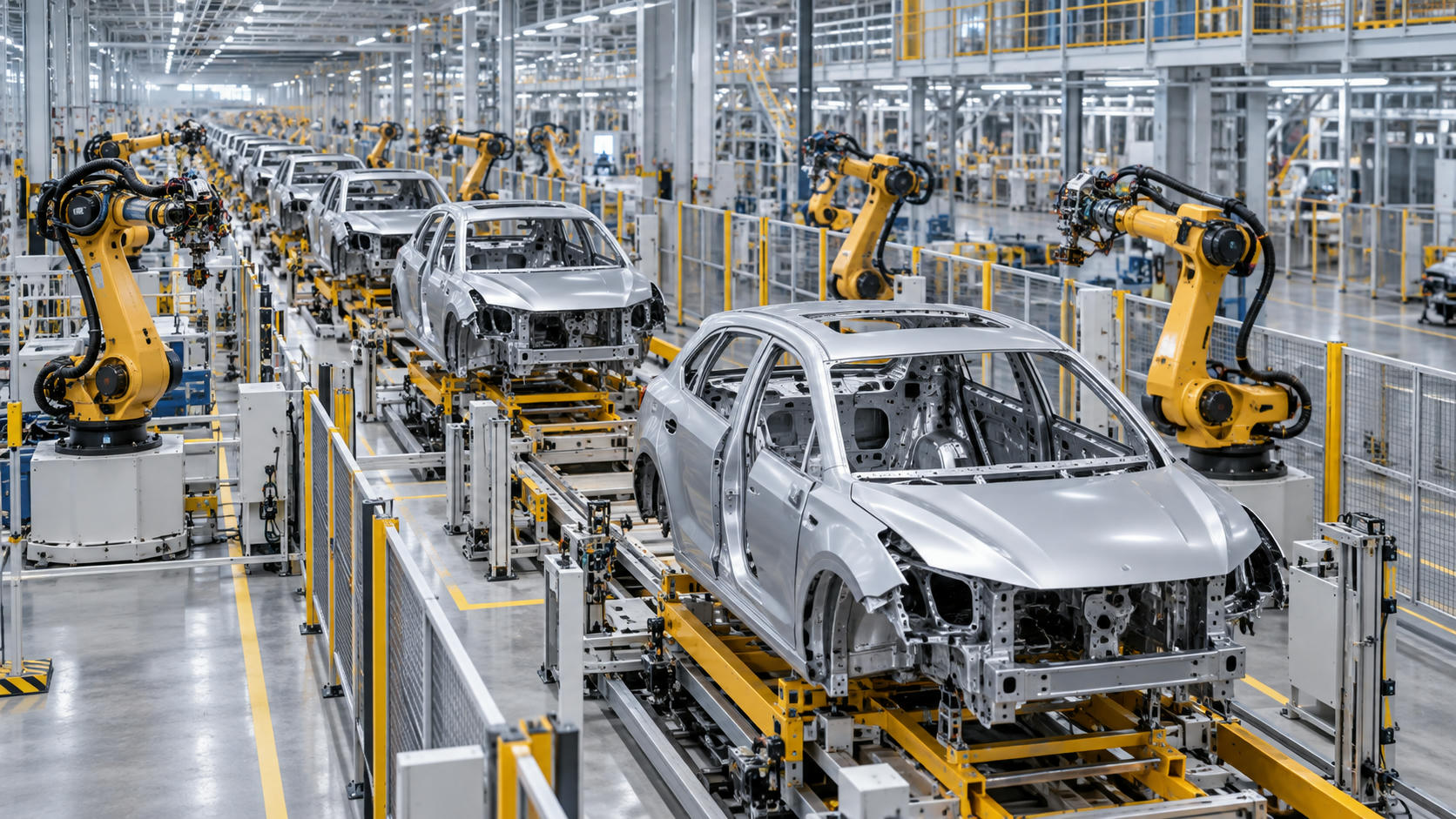 Synthetic editorial illustration. Unbranded electric vehicle bodies and robotic arms on a modern automotive assembly line.