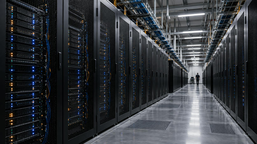 Synthetic editorial illustration. Unbranded high-density server racks and distant technician in an operational data-centre aisle.