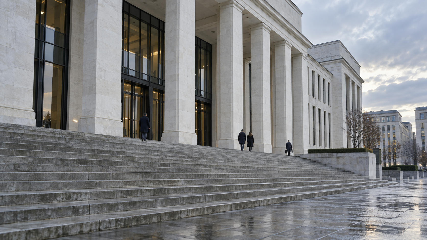 Synthetic editorial illustration. Unbranded civic building with stone columns and broad steps for regulation, courts and trade-policy news.