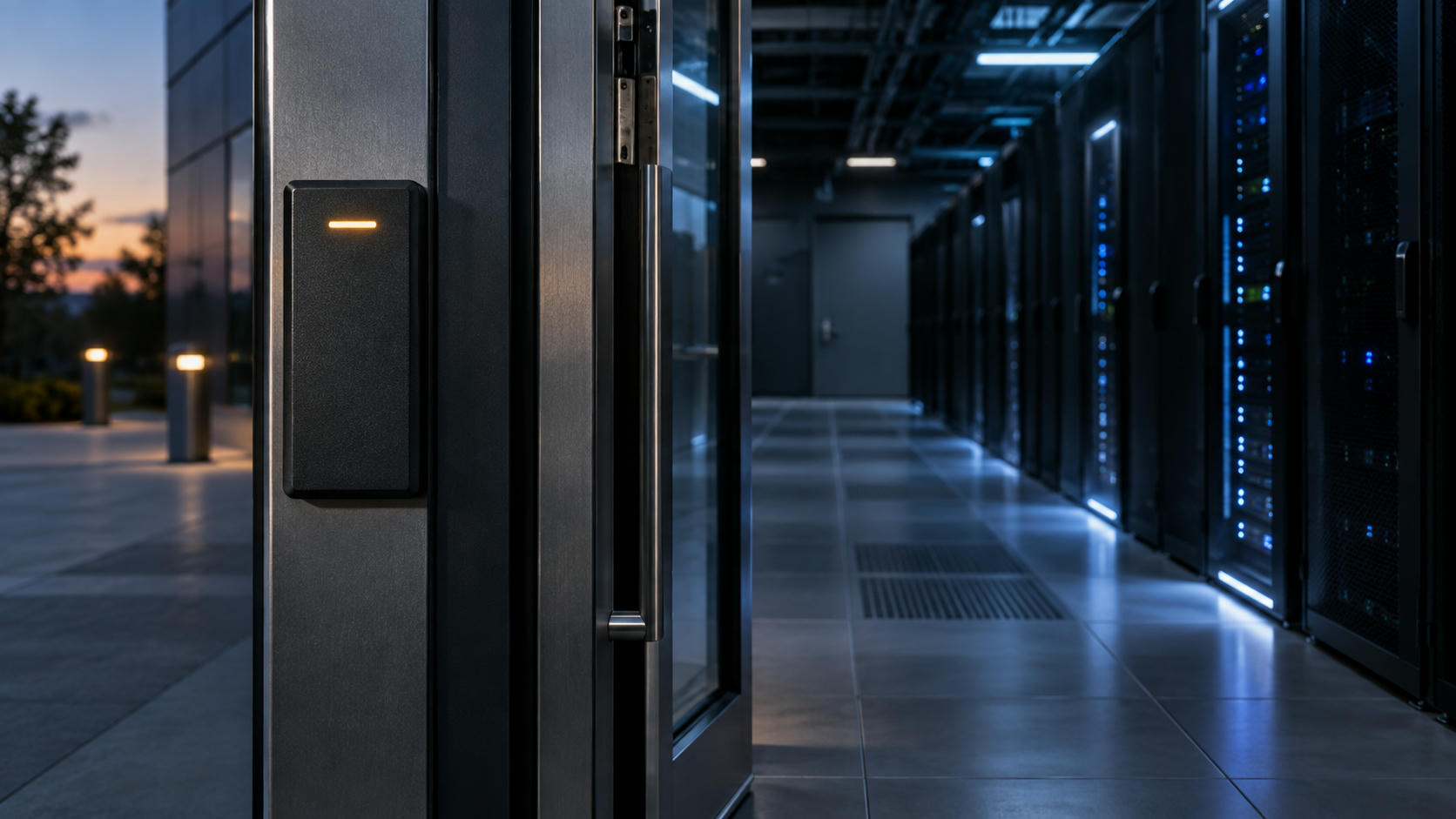 Synthetic editorial illustration. Unbranded access-control reader at the entrance to a dim data-centre corridor for cybersecurity and resilience news.