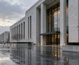 Synthetic editorial illustration. Unbranded institutional financial building with rain-washed paving for central-bank and interest-rate news.
