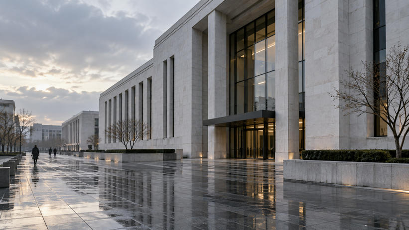 Synthetic editorial illustration. Unbranded institutional financial building with rain-washed paving for central-bank and interest-rate news.
