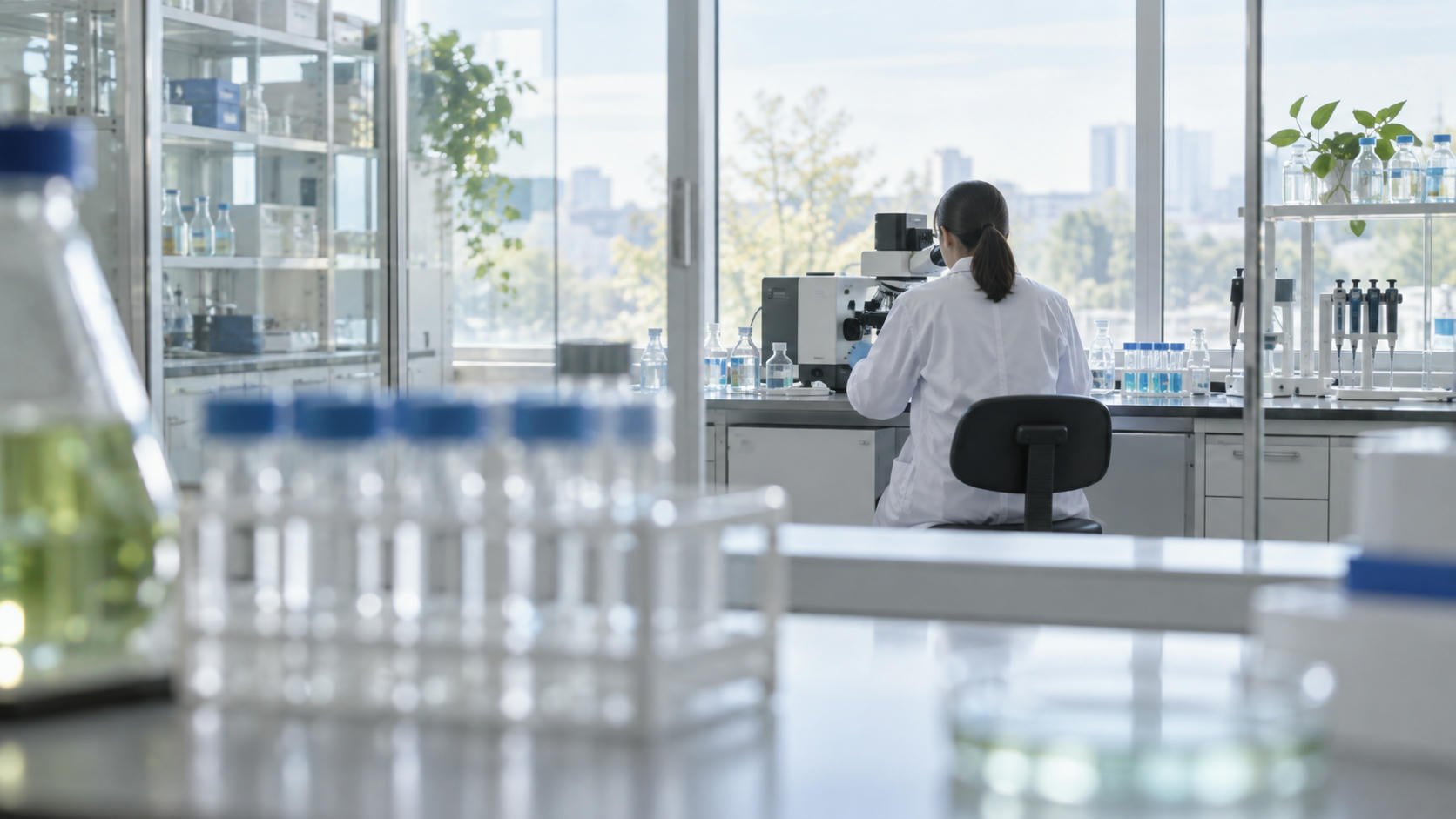 Synthetic editorial illustration. Anonymous researcher working with an unbranded optical instrument in a bright biotech laboratory.