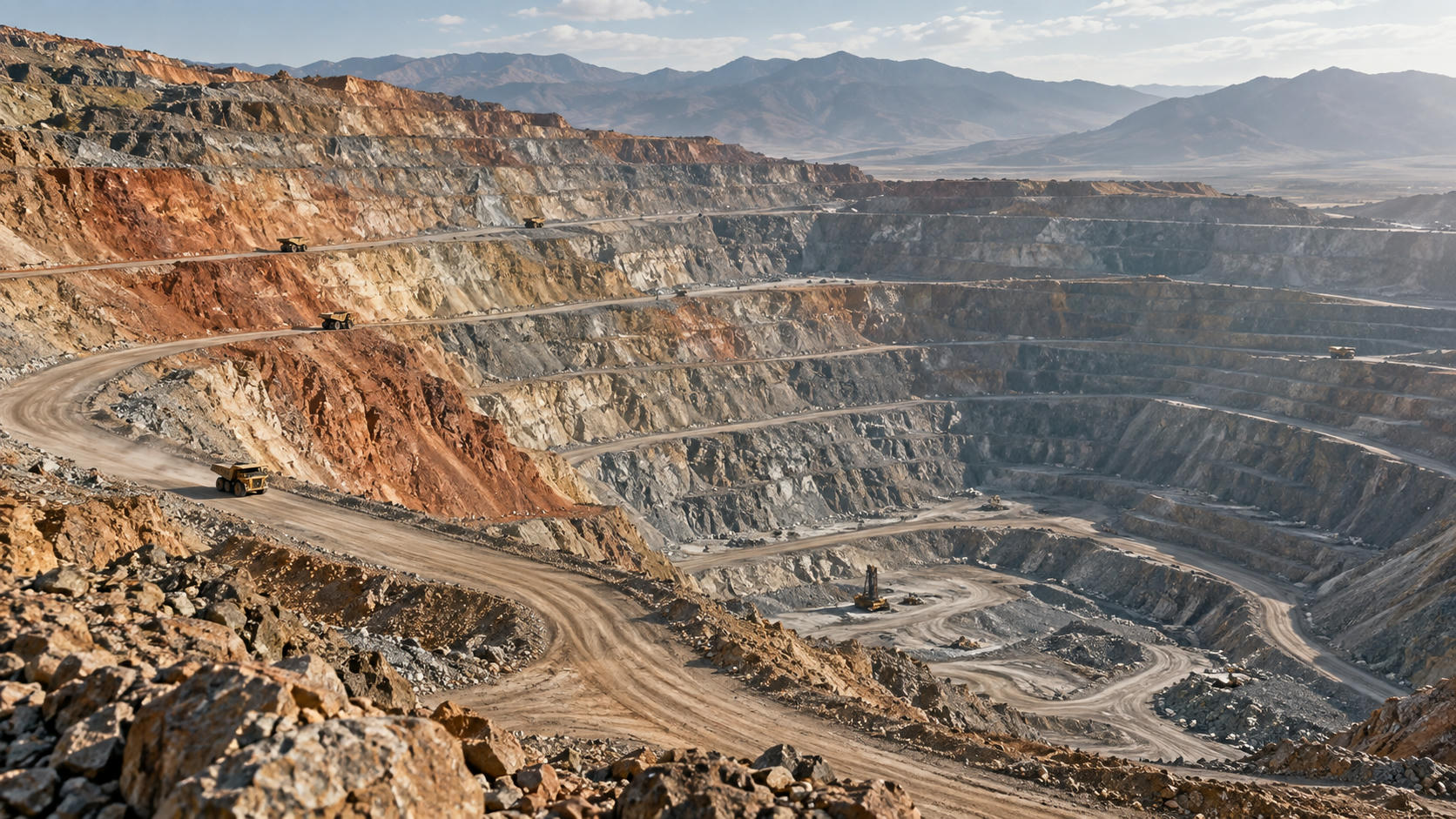 Synthetic editorial illustration. Open-pit copper mine with haul roads and terraced earthworks for mining and metals-market news.
