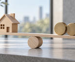Synthetic editorial illustration. Unbranded wooden model house balanced with plain round tokens for interest-rate and housing news.