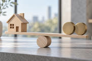 Synthetic editorial illustration. Unbranded wooden model house balanced with plain round tokens for interest-rate and housing news.