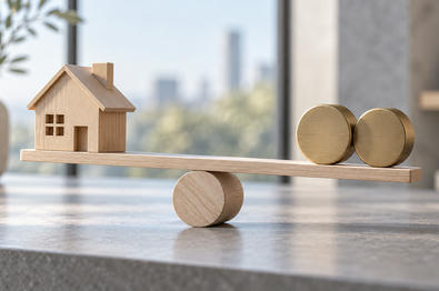 Synthetic editorial illustration. Unbranded wooden model house balanced with plain round tokens for interest-rate and housing news.