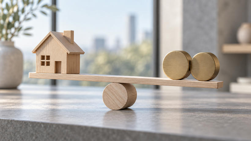 Synthetic editorial illustration. Unbranded wooden model house balanced with plain round tokens for interest-rate and housing news.