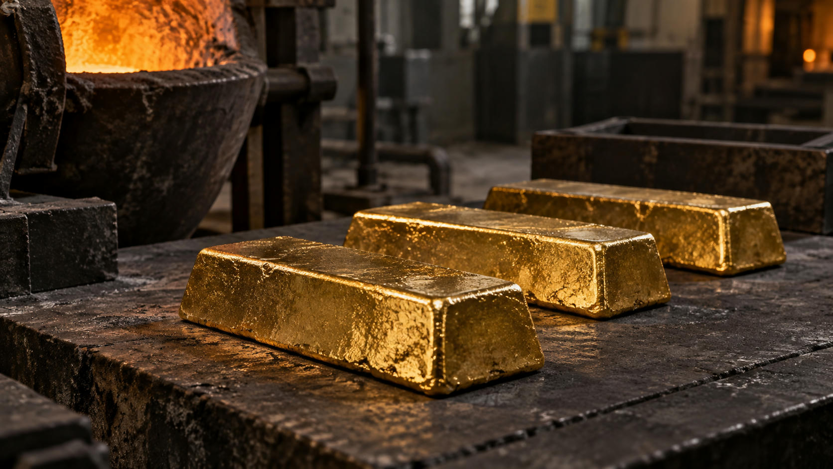 Synthetic editorial illustration. Unbranded cast gold bars cooling in a precious-metals refining room for commodities news.