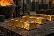 Synthetic editorial illustration. Unbranded cast gold bars cooling in a precious-metals refining room for commodities news.