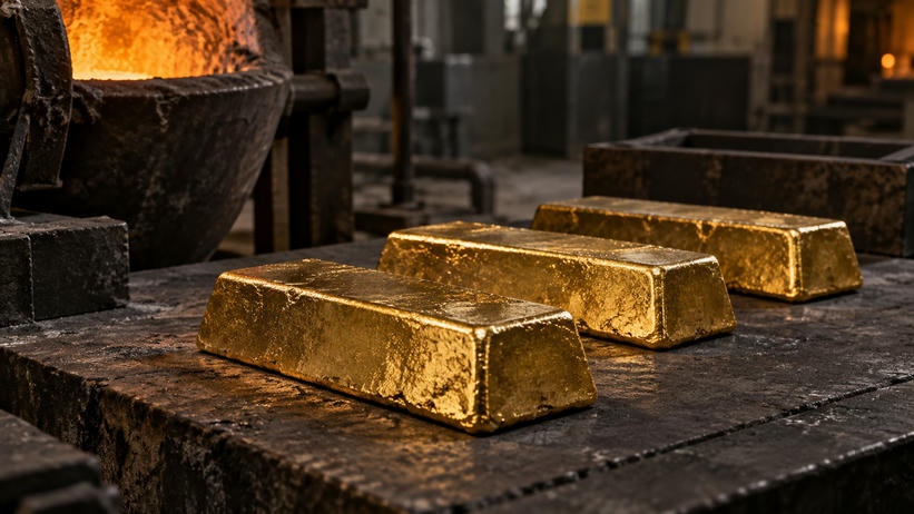 Synthetic editorial illustration. Unbranded cast gold bars cooling in a precious-metals refining room for commodities news.