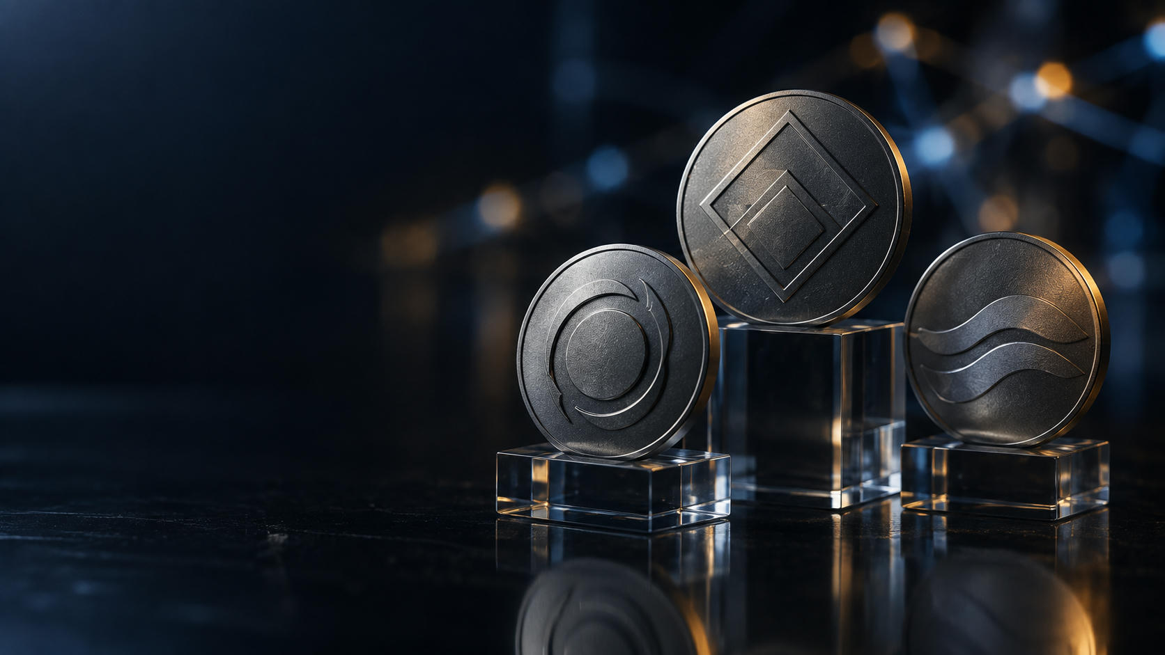 Synthetic editorial illustration. Three abstract unbranded metal token forms on glass blocks for cryptocurrency and digital-assets news.