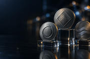 Synthetic editorial illustration. Three abstract unbranded metal token forms on glass blocks for cryptocurrency and digital-assets news.