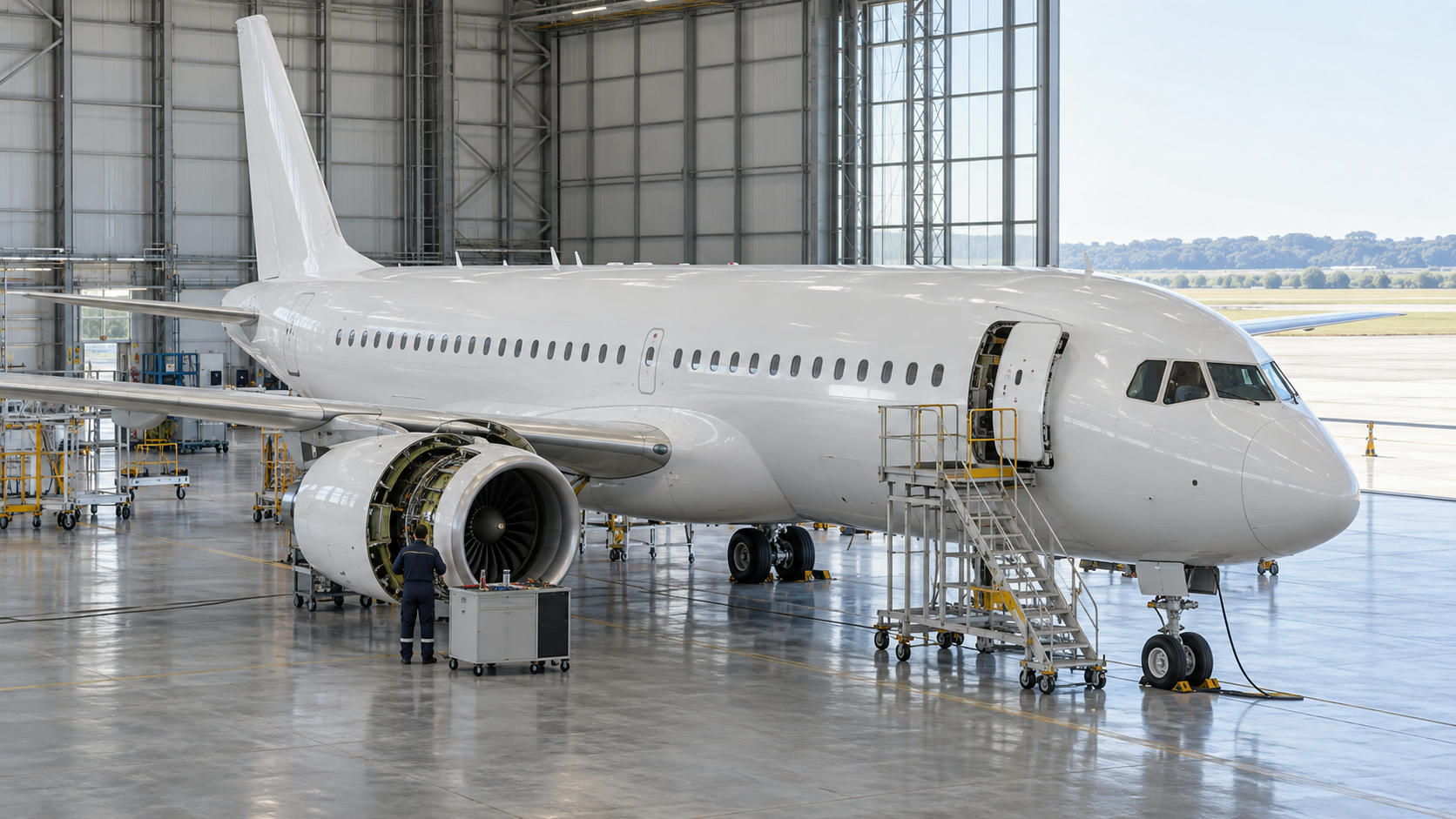 Synthetische illustratie van generiek vliegtuigonderhoud; geen foto van Boeing, een 737 MAX of het gemelde voorval.