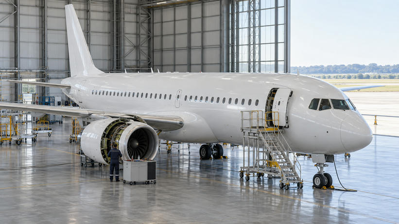 Synthetische illustratie van generiek vliegtuigonderhoud; geen foto van Boeing, een 737 MAX of het gemelde voorval.