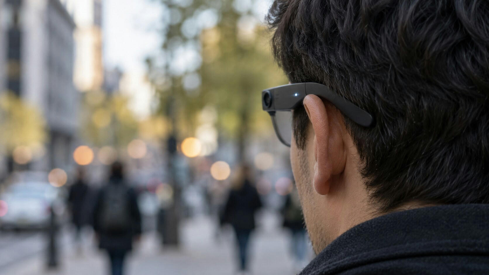 Synthetic editorial illustration. A city street. A tight rear-side view shows an ear and dark hair beneath a plain glasses frame with a small lens and glowing indicator; pedestrians and buildings are softly blurred behind.