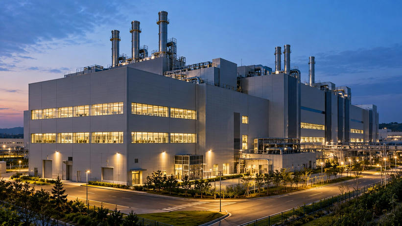 Synthetic editorial illustration. A semiconductor factory exterior at dusk. A large grey building has brightly lit window bands, rooftop exhaust stacks and utility pipework beside quiet access roads and landscaping.