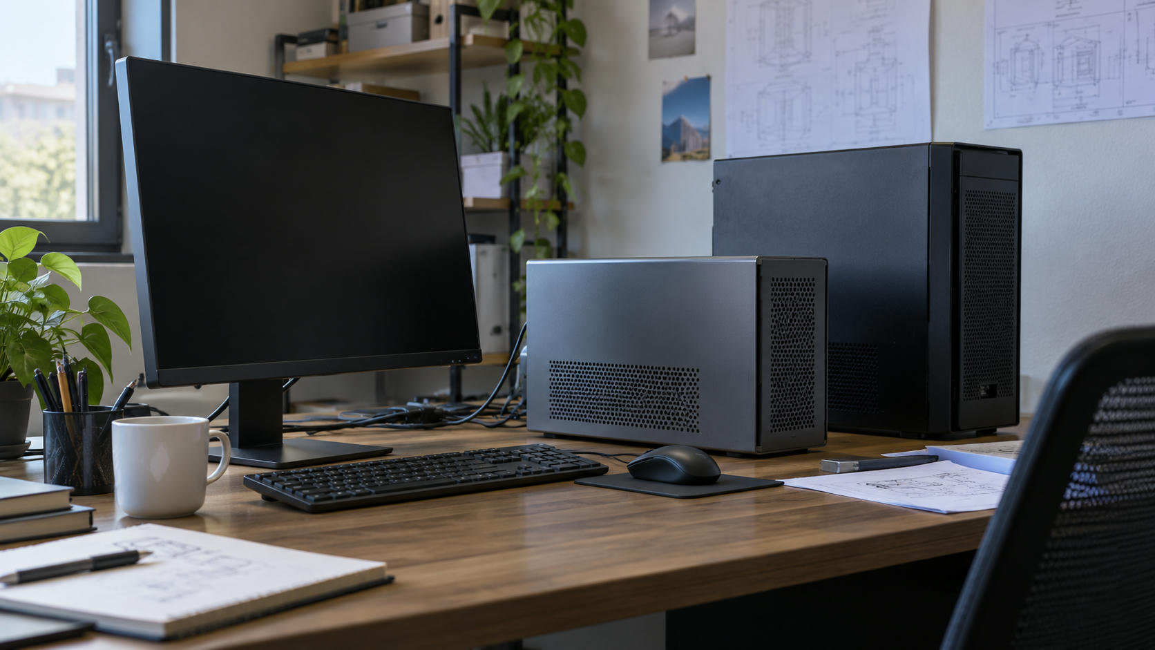 Synthetic editorial illustration. Generic small desktop computer and taller computing tower in an engineering office, with an entirely off monitor; local workstation hardware, not a real named product.