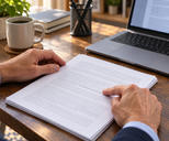 Synthetic editorial illustration. Two adult hands steady and trace a line on a flat, modestly sized populated research-paper stack at a desk, with a working laptop and secondary calculator nearby.