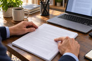 Synthetic editorial illustration. Two adult hands steady and trace a line on a flat, modestly sized populated research-paper stack at a desk, with a working laptop and secondary calculator nearby.