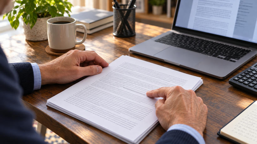 Synthetic editorial illustration. Two adult hands steady and trace a line on a flat, modestly sized populated research-paper stack at a desk, with a working laptop and secondary calculator nearby.