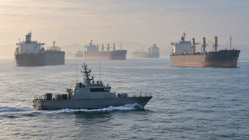 Synthetic editorial illustration. An offshore anchorage. Several large cargo ships wait on hazy water while a small grey patrol boat crosses the foreground, trailing a low white wake beneath muted light.