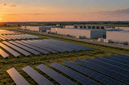 Synthetic editorial illustration. A solar farm beside an industrial campus. Rows of photovoltaic panels spread across flat grassy land next to low windowless halls with rooftop cooling equipment in warm late-day light.