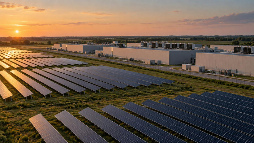 Synthetic editorial illustration. A solar farm beside an industrial campus. Rows of photovoltaic panels spread across flat grassy land next to low windowless halls with rooftop cooling equipment in warm late-day light.