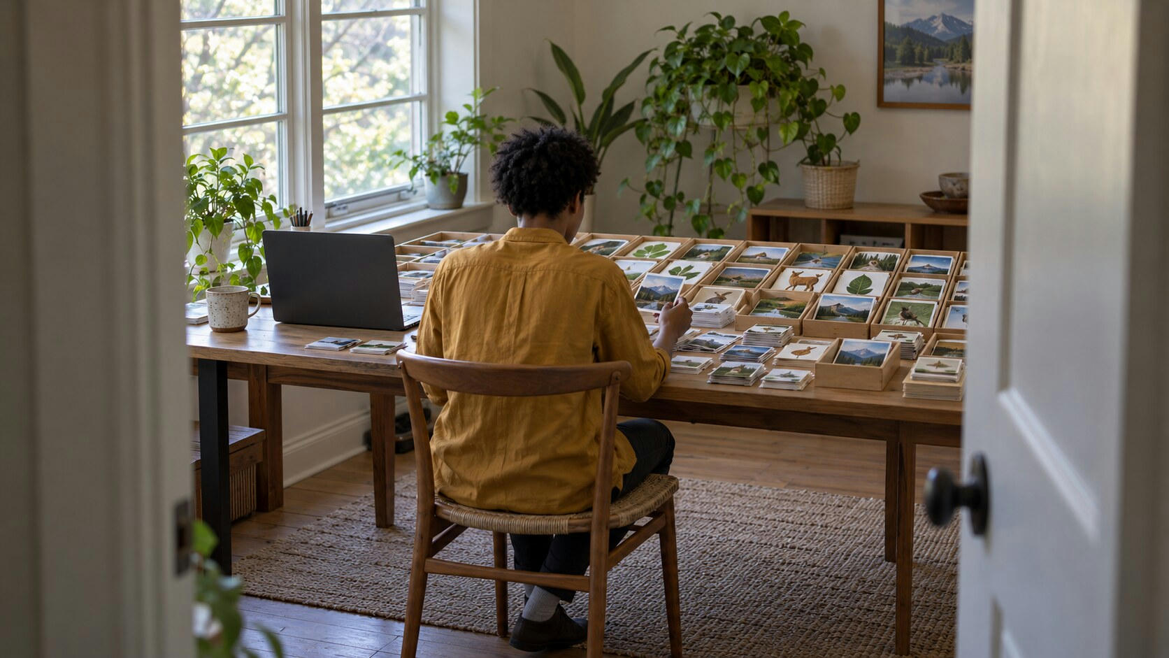 Synthetic editorial illustration. A home workspace. A person seen from behind sorts stacks of small landscape, leaf and animal picture cards into a grid of shallow trays across a wooden desk beside a laptop facing away.