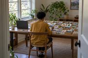 Synthetic editorial illustration. A home workspace. A person seen from behind sorts stacks of small landscape, leaf and animal picture cards into a grid of shallow trays across a wooden desk beside a laptop facing away.