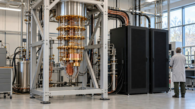Synthetic editorial illustration. A tiered gold-and-copper cryostat hangs in a steel frame beside two black server cabinets linked by cables. A grey-haired engineer viewed from behind stands in the daylit laboratory.