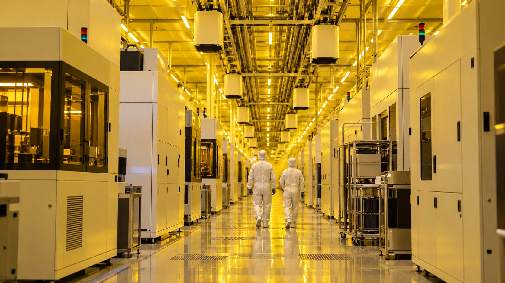 Synthetic editorial illustration. Two white-suited technicians walk away down a reflective cleanroom aisle under yellow lighting. Plain equipment enclosures flank the aisle, with suspended carrier pods and transport rails overhead.
