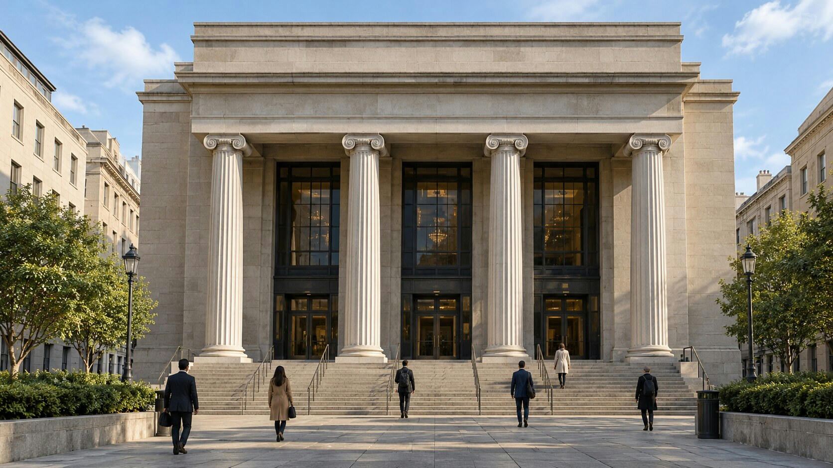 Synthetic editorial illustration. A neoclassical institutional facade has four tall columns and broad stone steps. Small rear-facing pedestrians approach its dark glazed entrances in daylight.