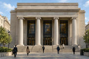 Synthetic editorial illustration. A neoclassical institutional facade has four tall columns and broad stone steps. Small rear-facing pedestrians approach its dark glazed entrances in daylight.