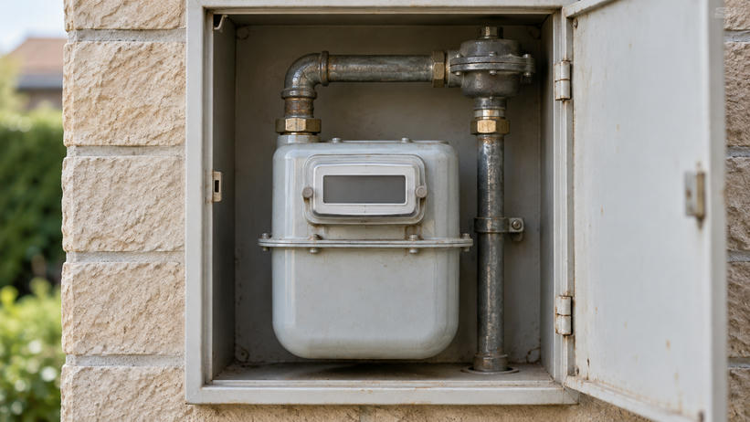 Synthetic editorial illustration. One plain household gas meter with blank counter window and simple gas pipework in an open wall cabinet.