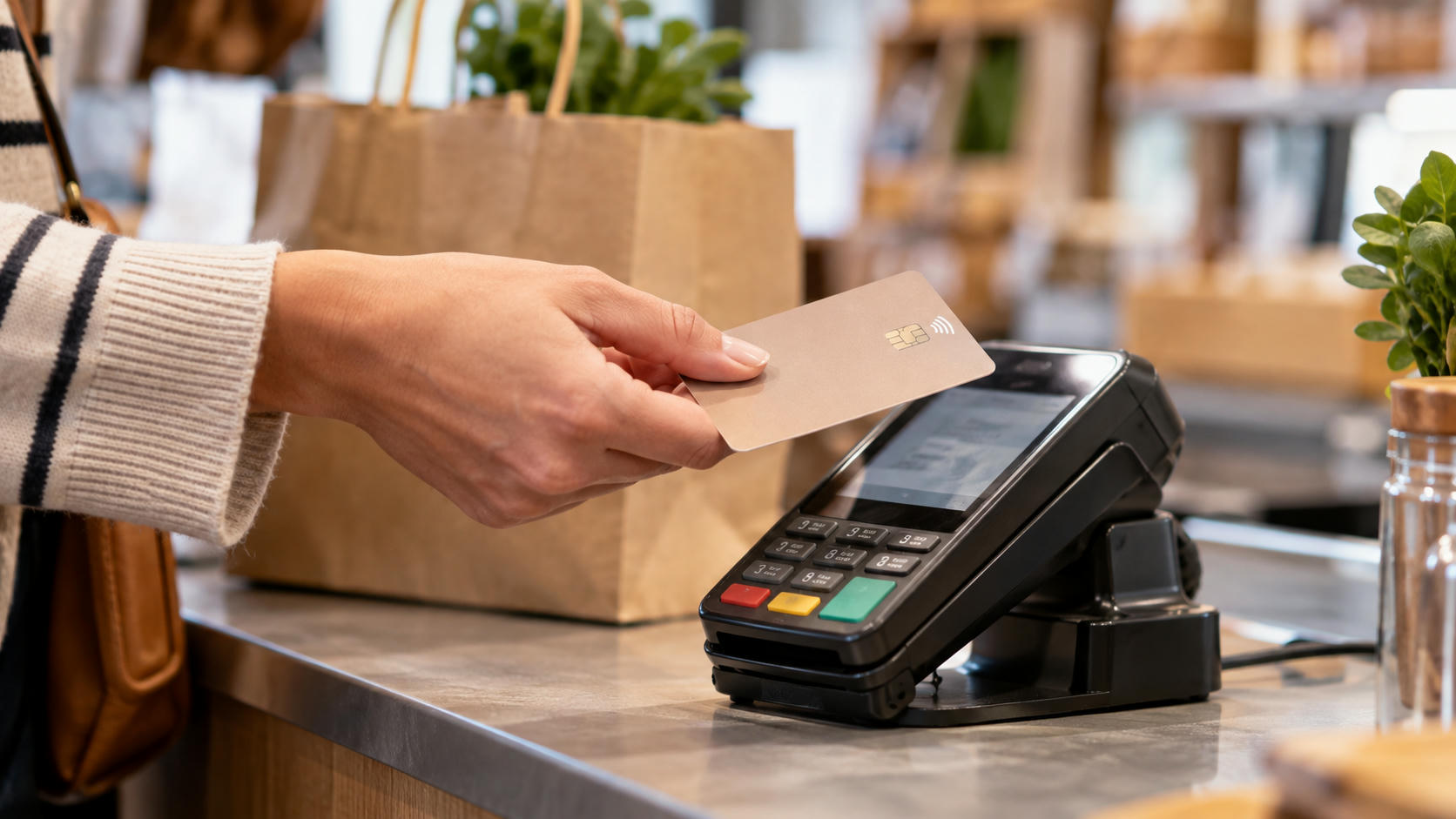 Synthetic editorial illustration. An adult hand holds a plain card over a powered checkout terminal beside a filled paper shopping bag in a softly defocused shop.