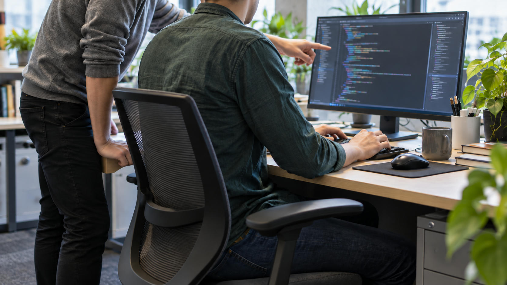 Synthetic editorial illustration. Two anonymous colleagues working together at a desk with a complete illuminated monitor directly in front of the seated engineer, who is using a keyboard; the colleague gestures toward softly rendered editor-like content.