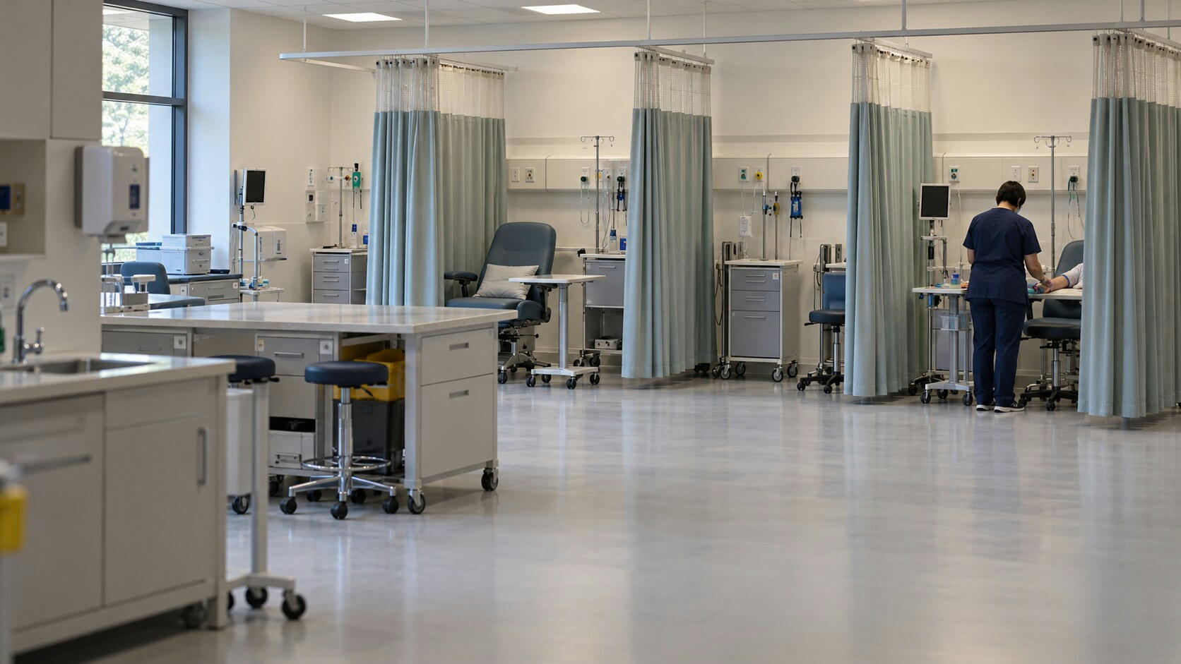 Synthetic editorial illustration. A clinical treatment room contains curtained bays, reclining chairs and mobile equipment carts. A rear-facing nurse in navy scrubs attends to a volunteer's exposed arm at the far right while dark monitors stand nearby.