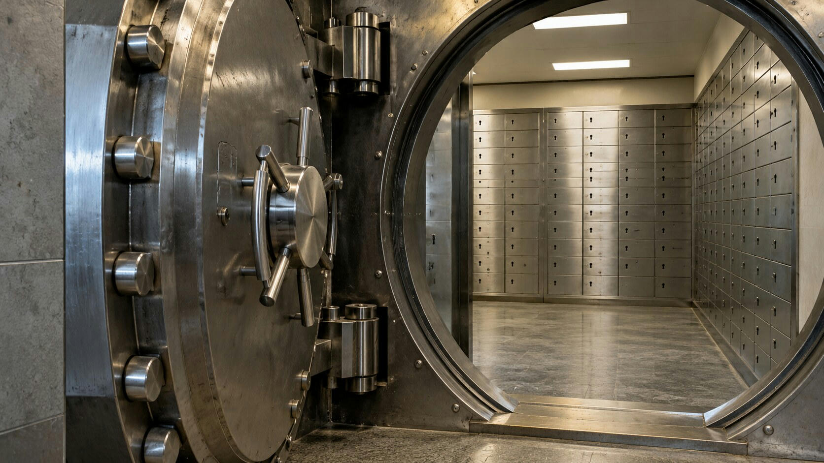 Synthetic editorial illustration. A bank vault interior. A thick circular steel door stands open, revealing rows of plain safe-deposit boxes with keyholes under simple overhead lights.