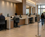 Synthetic editorial illustration. A bank branch interior. Two tellers viewed from behind sit at partitioned counters with edge-on monitors while a short queue of customers faces away beside the service area.