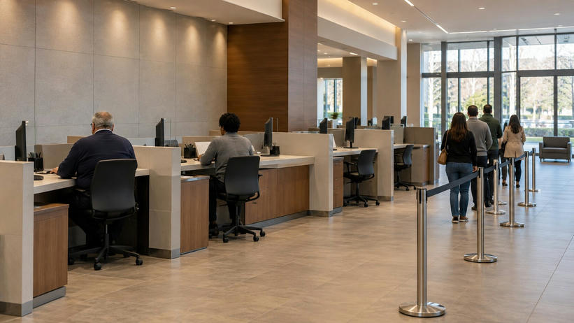 Synthetic editorial illustration. A bank branch interior. Two tellers viewed from behind sit at partitioned counters with edge-on monitors while a short queue of customers faces away beside the service area.